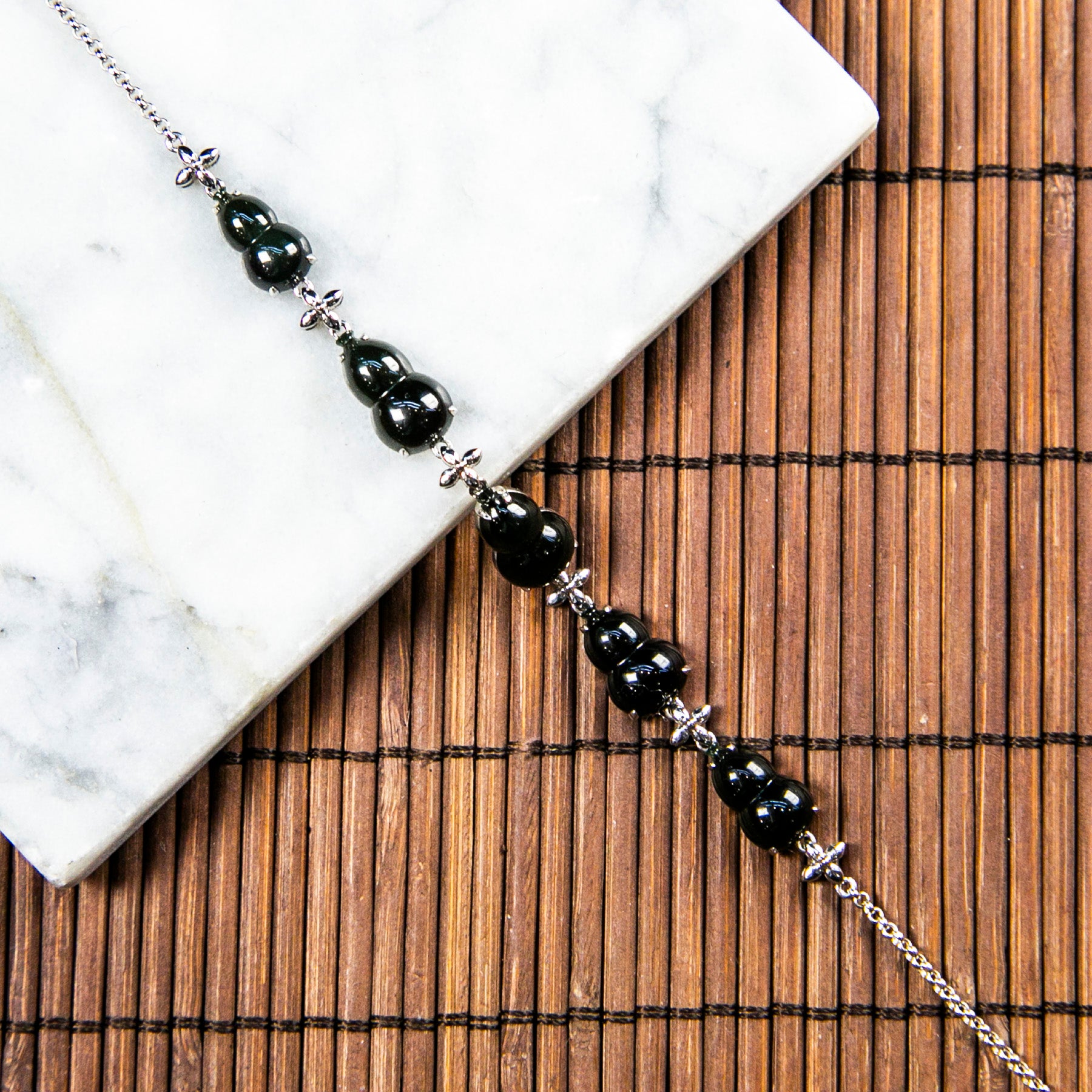 18K白金天然緬甸翡翠墨翠葫蘆手鍊