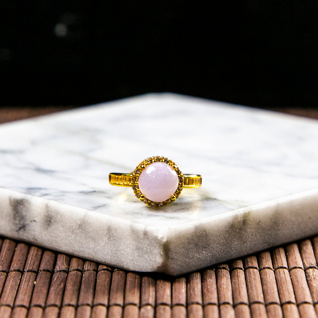 S925鑲鋯石天然緬甸翡翠粉紫蛋面活動戒指