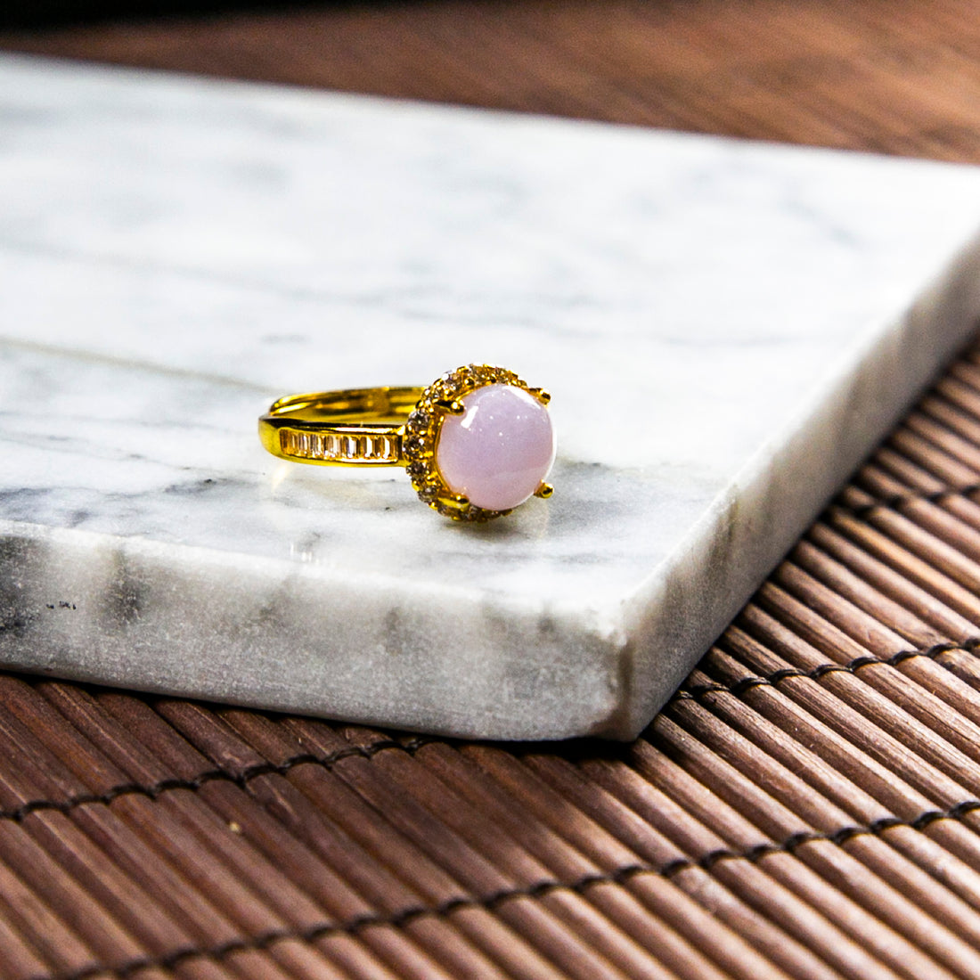 S925鑲鋯石天然緬甸翡翠粉紫蛋面活動戒指