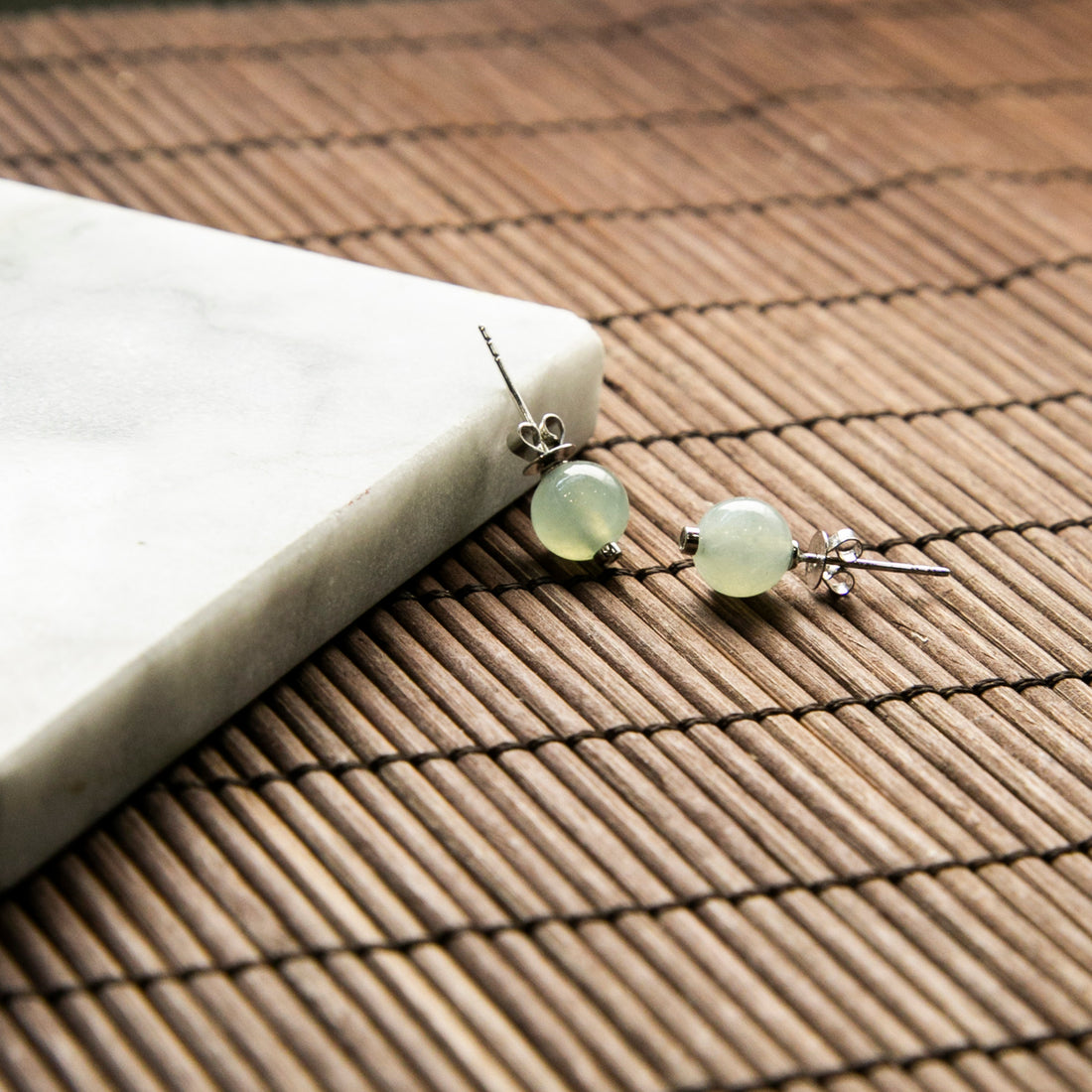 18K Platinum Natural Burmese Jade Icy Bluish Green Ear Studs