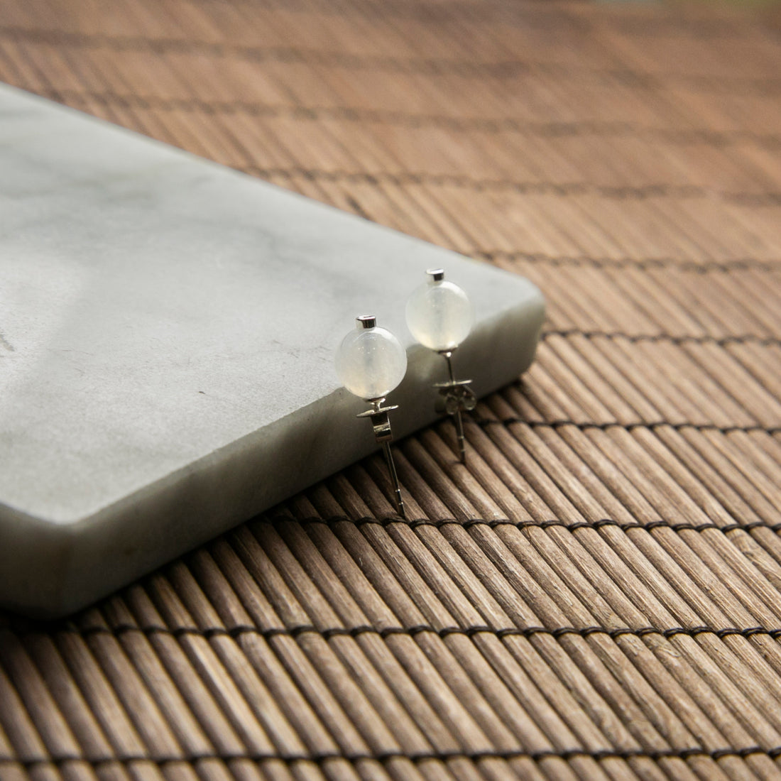 18K Platinum Natural Burmese Jade Icy White Ear Studs