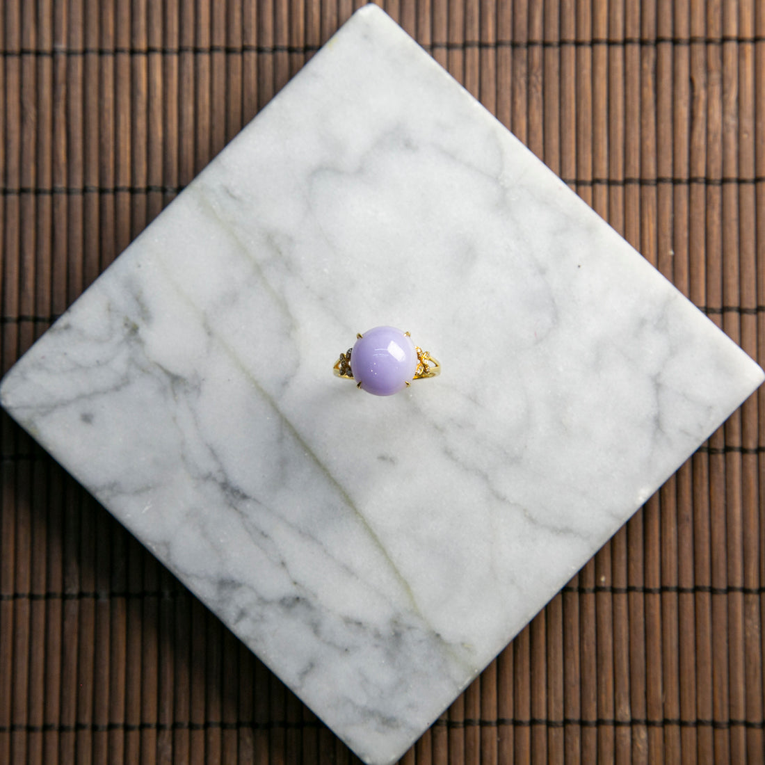 18K黃金鑲鑽天然緬甸翡翠紫蛋面戒指