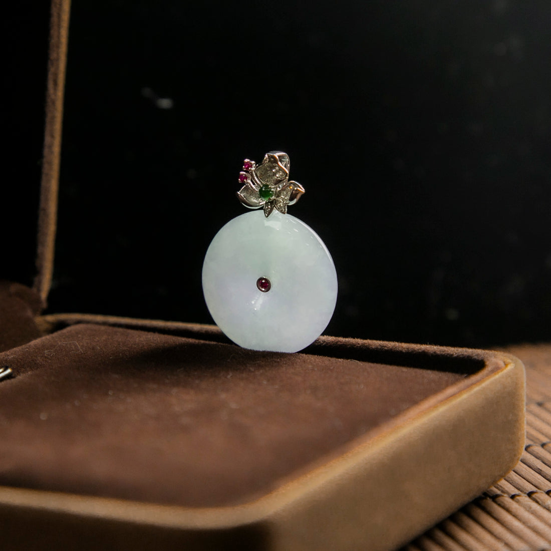 18K White Gold Diamond Natural Burmese Jade Green & Lavender Ping An Donut Pendant