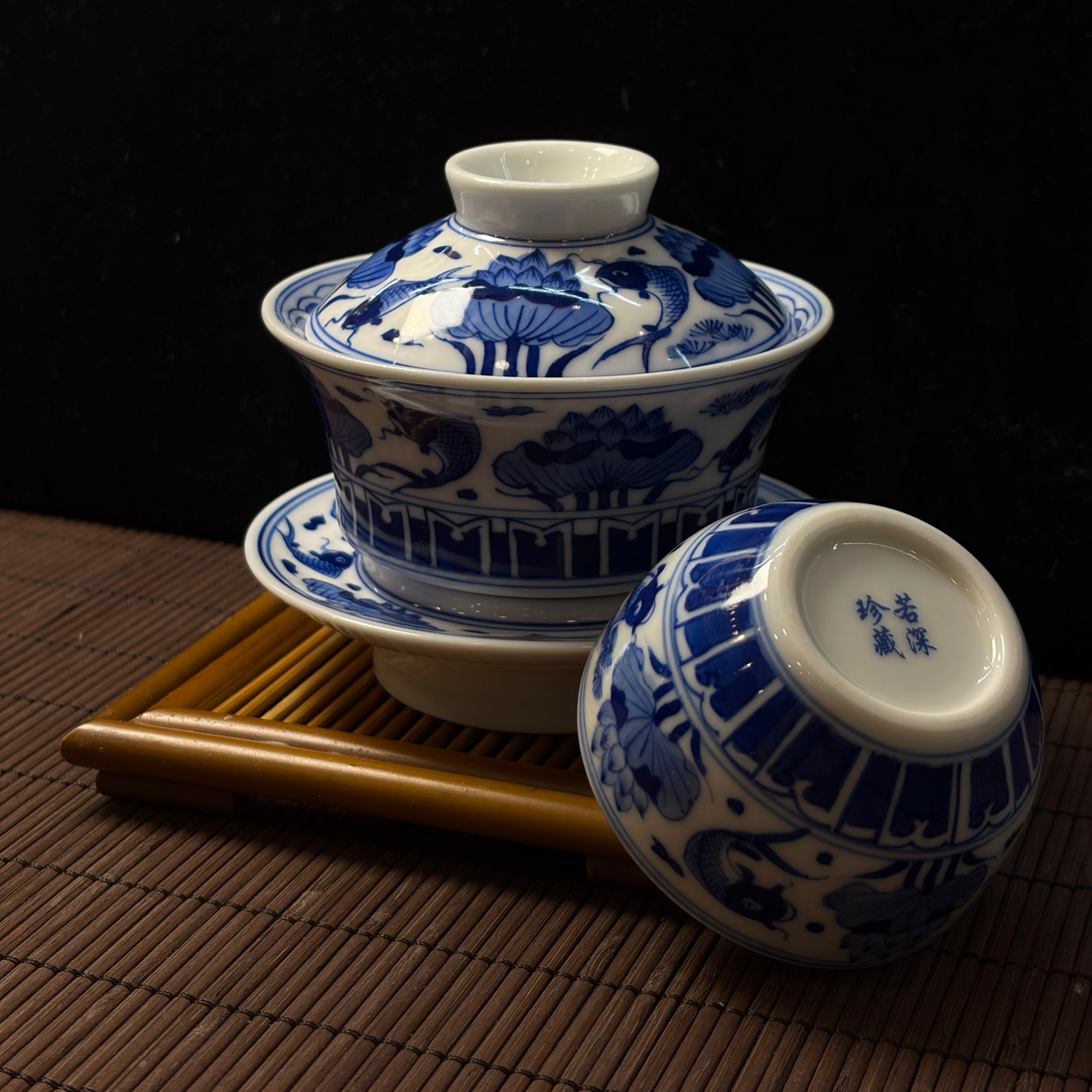 青花魚藻紋三才蓋碗茶具套裝
