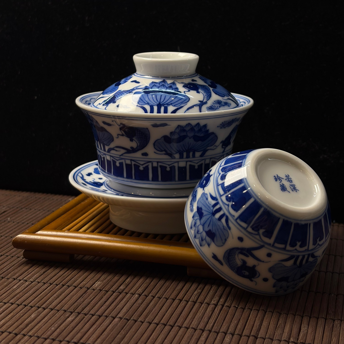 青花魚藻紋三才蓋碗茶具套裝